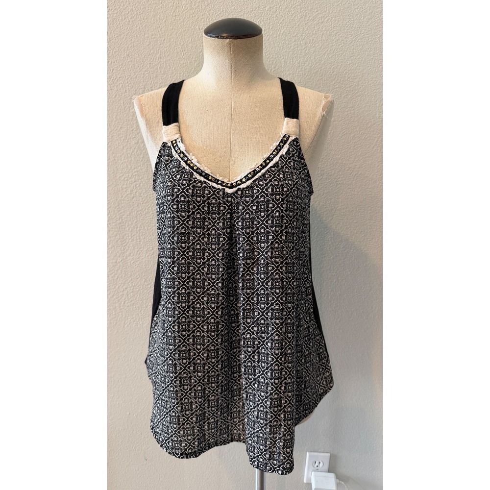 Xhilaration Women's M Black White Boho Print Sequin Trim Sleeveless Tank Top